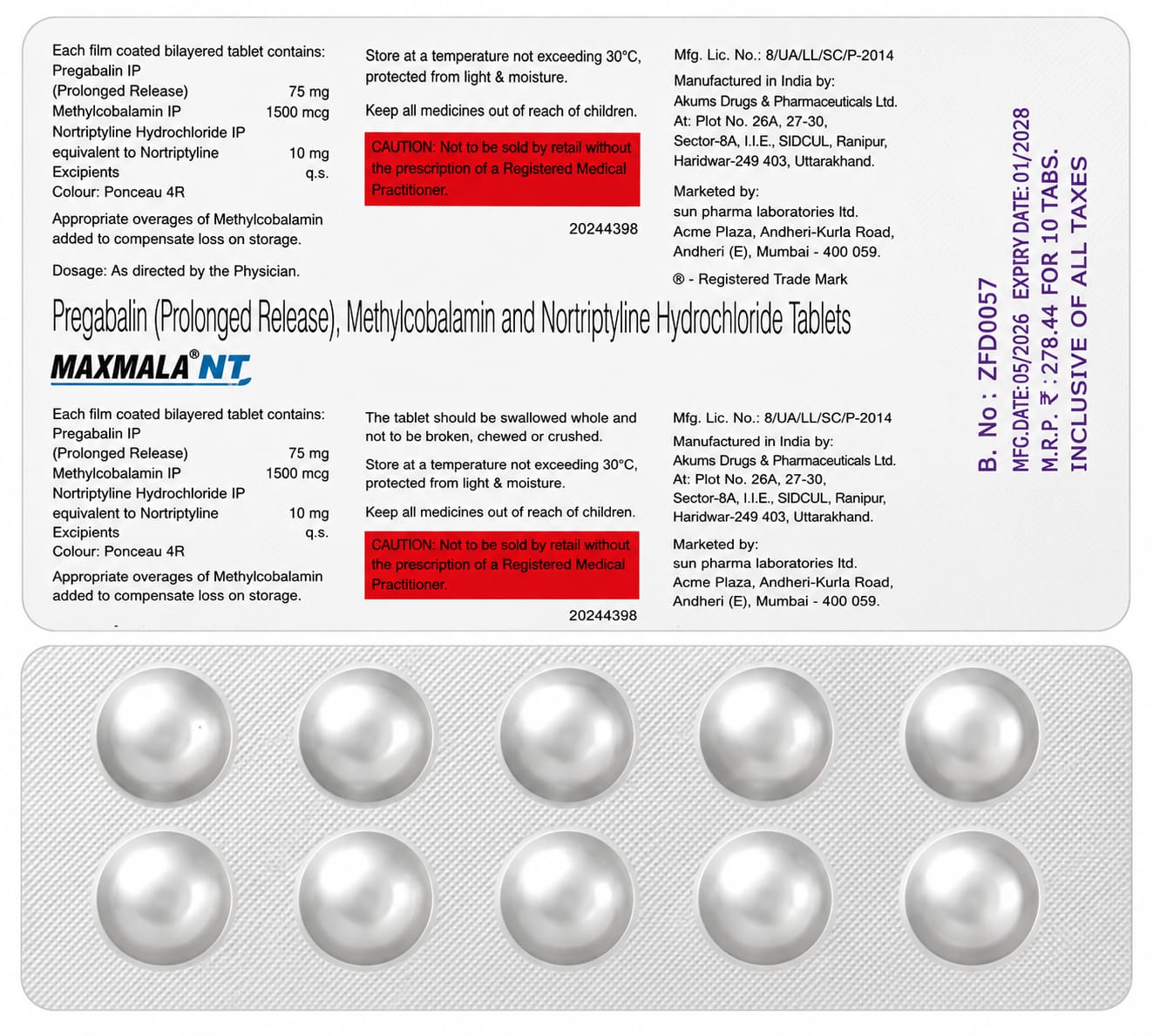 Maxmala NT 75mg/10mg/1500mcg Tablet 10 tablets