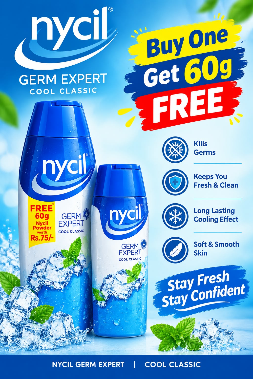 Nycil Cool Classic Prickly Heat Powder with Nycil 60gm Germ Expert Cool Classic Talc Free