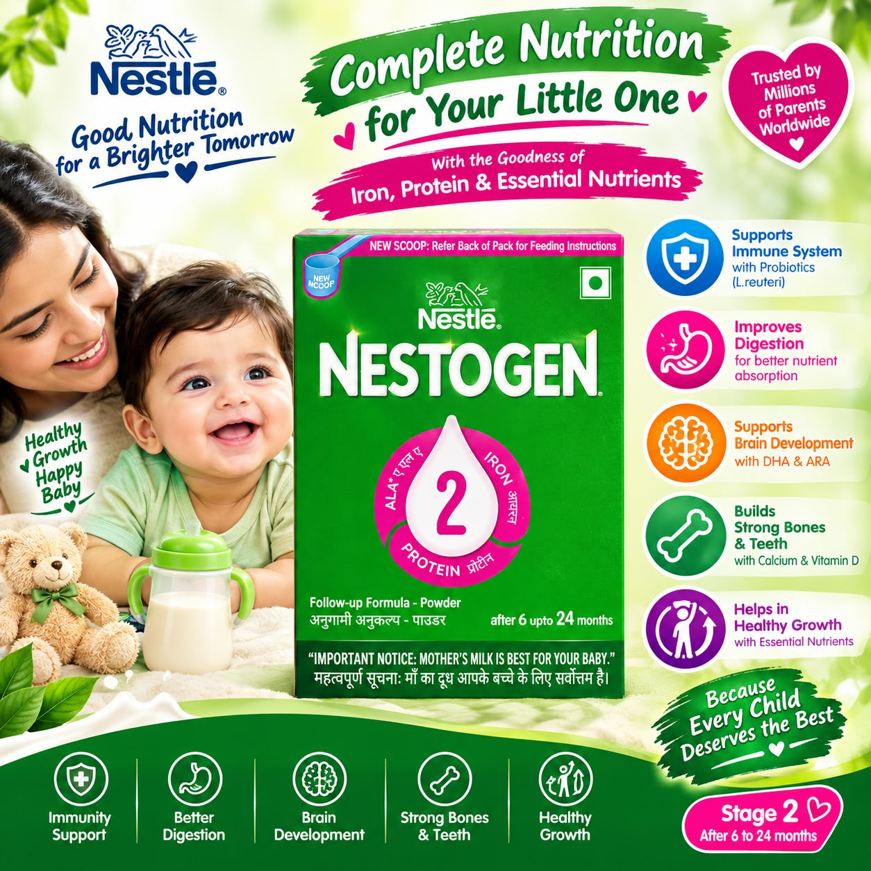 Nestle Nestogen 2 Follow-Up Formula-Powder for 6+ Months, Calcium & Phosphorus