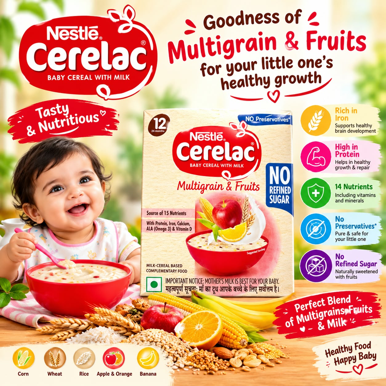 Nestle Cerelac Baby Food Cereal | No Preservative | No Refined Sugar | Multigrain & Fruits 12 to 24 Months