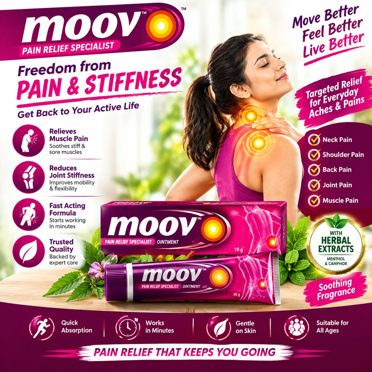 Moov Pain Relief Ointment for Back Pain, Joint Pain, Knee Pain, Muscle Pain 10g