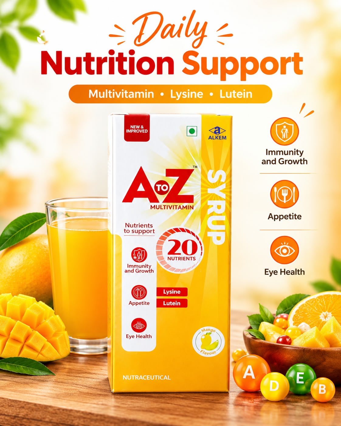 A to Z Multivitamin Syrup for Kids & Adults – Lycopene & Vitamin C for Growth, Immunity & Energy | Flavor Mango