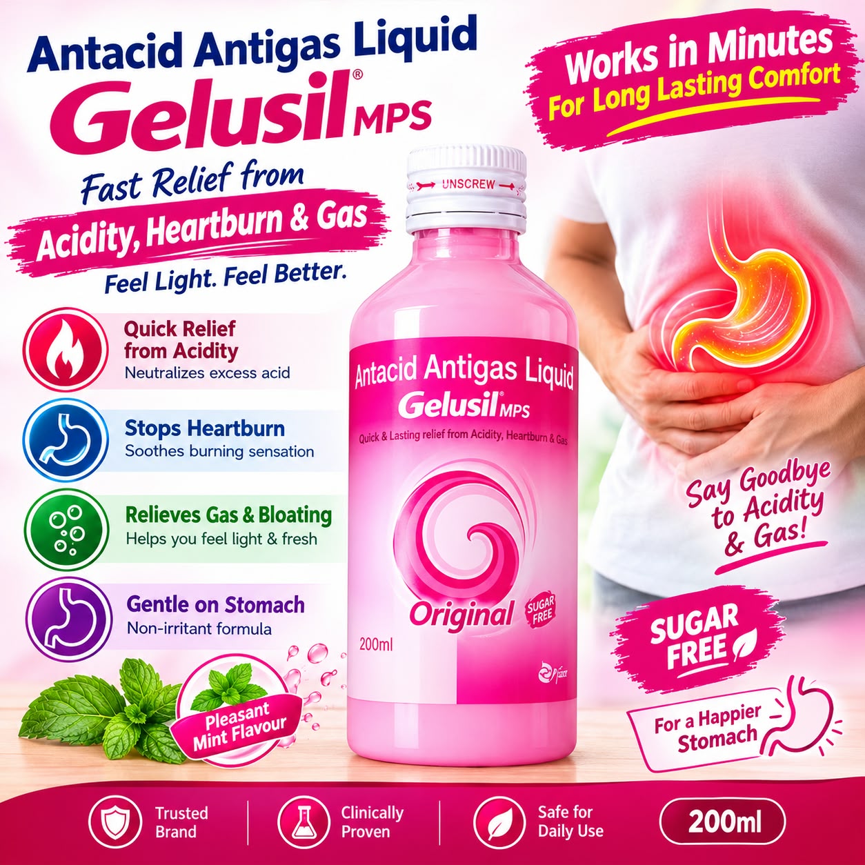 Gelusil MPS Antacid & Antigas Original Liquid | For Acidity, Hurtburns, Gas & Stomach Care | Sugar-Free | Mint Flavour Mint