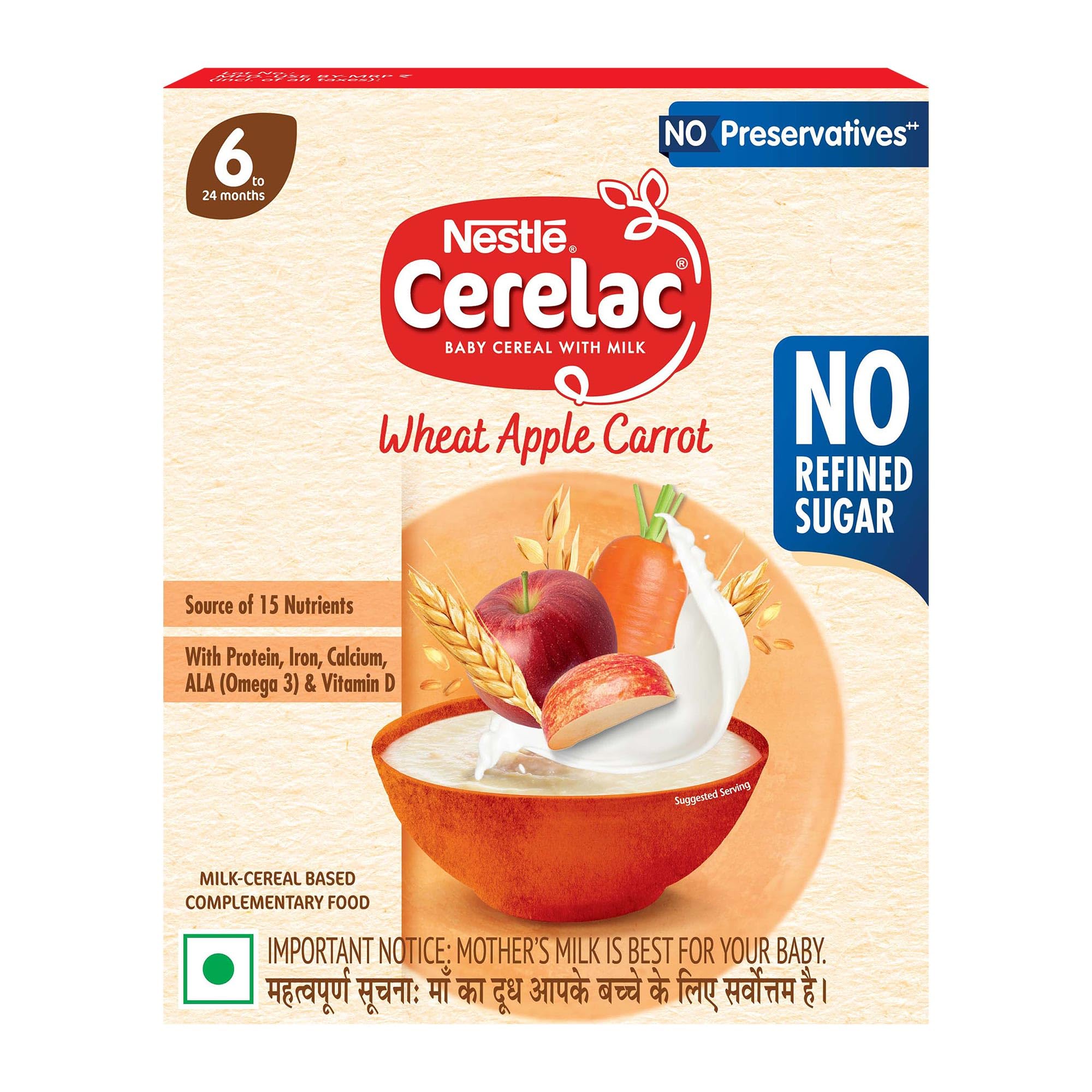 Nestle Cerelac Baby Food Cereal (from 6 to 24 Months) | Source of Iron & Protein | No Preservatives Wheat Apple Carrot No Refined Sugar